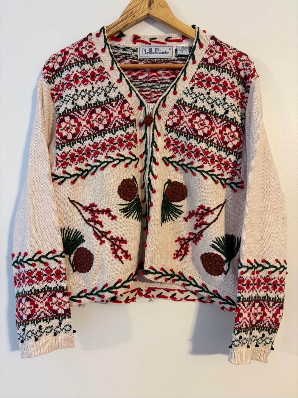 Vintage BellePointe Cream Pinecone Embroidered Cardigan Sweater - Women's M
